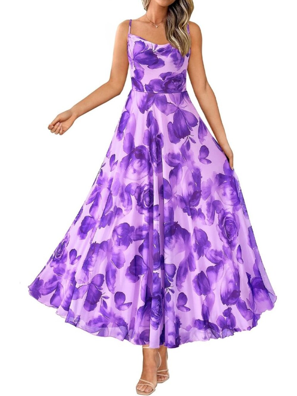 〽️Purple Floral Maxi Dress Women's Cowl Neck Flowy A Line Wedding Guest Dress